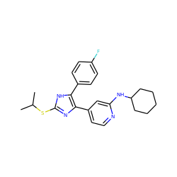 CC(C)Sc1nc(-c2ccnc(NC3CCCCC3)c2)c(-c2ccc(F)cc2)[nH]1 ZINC000071317550