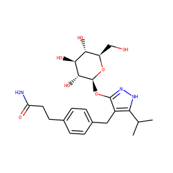 CC(C)c1[nH]nc(O[C@@H]2O[C@H](CO)[C@@H](O)[C@H](O)[C@H]2O)c1Cc1ccc(CCC(N)=O)cc1 ZINC000095584865