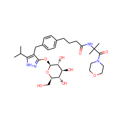 CC(C)c1[nH]nc(O[C@@H]2O[C@H](CO)[C@@H](O)[C@H](O)[C@H]2O)c1Cc1ccc(CCCC(=O)NC(C)(C)C(=O)N2CCOCC2)cc1 ZINC000095585425