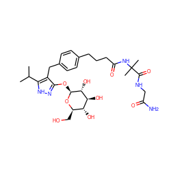 CC(C)c1[nH]nc(O[C@@H]2O[C@H](CO)[C@@H](O)[C@H](O)[C@H]2O)c1Cc1ccc(CCCC(=O)NC(C)(C)C(=O)NCC(N)=O)cc1 ZINC000095581505