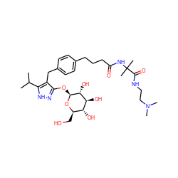 CC(C)c1[nH]nc(O[C@@H]2O[C@H](CO)[C@@H](O)[C@H](O)[C@H]2O)c1Cc1ccc(CCCC(=O)NC(C)(C)C(=O)NCCN(C)C)cc1 ZINC000095581761