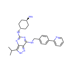 CC(C)c1[nH]nc2c(NCc3ccc(-c4ccccn4)cc3)nc(N[C@H]3CC[C@H](N)CC3)nc12 ZINC000653743779