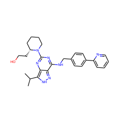 CC(C)c1[nH]nc2c(NCc3ccc(-c4ccccn4)cc3)nc(N3CCCC[C@H]3CCO)nc12 ZINC000653746398