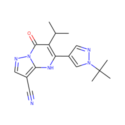 CC(C)c1c(-c2cnn(C(C)(C)C)c2)[nH]c2c(C#N)cnn2c1=O ZINC000642814879