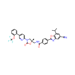 CC(C)c1cc(C#N)cc2nc(-c3ccc(C(=O)NC[C@@]4(C)CN(c5ccc(-c6ccccc6OC(F)(F)F)cn5)C(=O)O4)cc3)oc12 ZINC000068150347