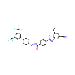 CC(C)c1cc(C#N)cc2nc(-c3ccc(C(=O)NC[C@H]4CC[C@@H](c5cc(C(F)(F)F)cc(C(F)(F)F)c5)CC4)cc3)oc12 ZINC000101413286