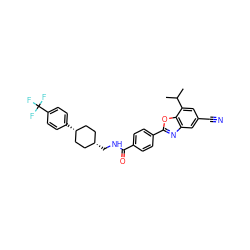 CC(C)c1cc(C#N)cc2nc(-c3ccc(C(=O)NC[C@H]4CC[C@@H](c5ccc(C(F)(F)F)cc5)CC4)cc3)oc12 ZINC000101413297