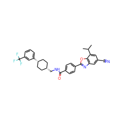 CC(C)c1cc(C#N)cc2nc(-c3ccc(C(=O)NC[C@H]4CC[C@@H](c5cccc(C(F)(F)F)c5)CC4)cc3)oc12 ZINC000101413295