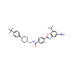 CC(C)c1cc(C#N)cc2nc(-c3ccc(C(=O)NC[C@H]4CC[C@H](c5ccc(C(C)(C)C)cc5)CC4)cc3)oc12 ZINC000101413298