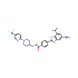 CC(C)c1cc(C#N)cc2nc(-c3ccc(C(=O)NCC4CCN(c5ccc(C(F)(F)F)cn5)CC4)cc3)oc12 ZINC000066076454