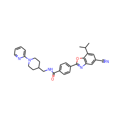 CC(C)c1cc(C#N)cc2nc(-c3ccc(C(=O)NCC4CCN(c5ccccn5)CC4)cc3)oc12 ZINC000066112897
