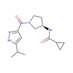 CC(C)c1cc(C(=O)N2CC[C@@H](NC(=O)C3CC3)C2)n[nH]1 ZINC000521836460