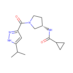 CC(C)c1cc(C(=O)N2CC[C@H](NC(=O)C3CC3)C2)n[nH]1 ZINC000669678957