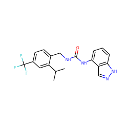 CC(C)c1cc(C(F)(F)F)ccc1CNC(=O)Nc1cccc2[nH]ncc12 ZINC000049054388