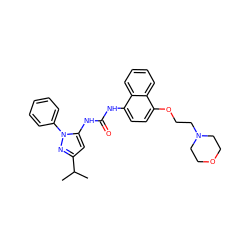 CC(C)c1cc(NC(=O)Nc2ccc(OCCN3CCOCC3)c3ccccc23)n(-c2ccccc2)n1 ZINC000013538863