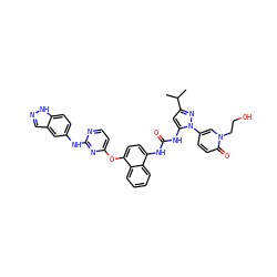 CC(C)c1cc(NC(=O)Nc2ccc(Oc3ccnc(Nc4ccc5[nH]ncc5c4)n3)c3ccccc23)n(-c2ccc(=O)n(CCO)c2)n1 ZINC000211101416