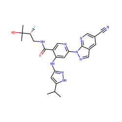 CC(C)c1cc(Nc2cc(-n3ncc4cc(C#N)cnc43)ncc2C(=O)NC[C@@H](F)C(C)(C)O)n[nH]1 ZINC001772589454