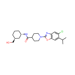 CC(C)c1cc2oc(N3CCC(C(=O)N[C@H]4CCC[C@H](CO)C4)CC3)nc2cc1Cl ZINC000096271069