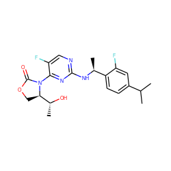 CC(C)c1ccc([C@H](C)Nc2ncc(F)c(N3C(=O)OC[C@@H]3[C@@H](C)O)n2)c(F)c1 ZINC000221675495