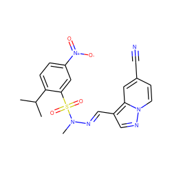 CC(C)c1ccc([N+](=O)[O-])cc1S(=O)(=O)N(C)/N=C/c1cnn2ccc(C#N)cc12 ZINC000073197206