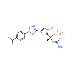 CC(C)c1ccc(-c2nnc(-c3cc(Cl)c([C@]4(C)CS(=O)(=O)N(C)C(N)=N4)s3)o2)cc1 ZINC000209043701