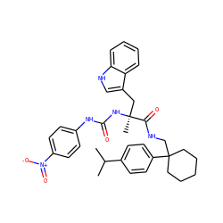 CC(C)c1ccc(C2(CNC(=O)[C@](C)(Cc3c[nH]c4ccccc34)NC(=O)Nc3ccc([N+](=O)[O-])cc3)CCCCC2)cc1 ZINC000026576452