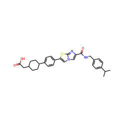CC(C)c1ccc(CNC(=O)c2cn3cc(-c4ccc(C5CCC(CC(=O)O)CC5)cc4)sc3n2)cc1 ZINC000205570313