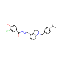 CC(C)c1ccc(Cn2ccc3c(/C=N/NC(=O)c4ccc(O)c(Cl)c4)cccc32)cc1 ZINC000013439063