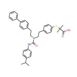 CC(C)c1ccc(NC(=O)N(CCc2ccc(SC(C)(C)C(=O)O)cc2)CCc2ccc(-c3ccccc3)cc2)cc1 ZINC000028232511