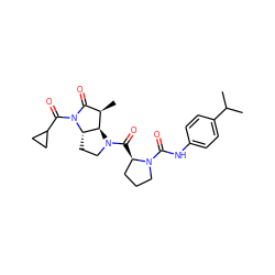 CC(C)c1ccc(NC(=O)N2CCC[C@H]2C(=O)N2CC[C@H]3[C@H]2[C@H](C)C(=O)N3C(=O)C2CC2)cc1 ZINC000013527855