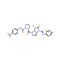 CC(C)c1ccc(NC(=O)N2CCC[C@H]2C(=O)N2CC[C@H]3[C@H]2[C@H](C)C(=O)N3c2nc3ccc(F)cc3s2)cc1 ZINC000027518437