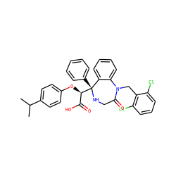 CC(C)c1ccc(O[C@H](C(=O)O)[C@@]2(c3ccccc3)NCC(=O)N(Cc3c(Cl)cccc3Cl)c3ccccc32)cc1 ZINC000101004691