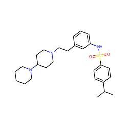 CC(C)c1ccc(S(=O)(=O)Nc2cccc(CCN3CCC(N4CCCCC4)CC3)c2)cc1 ZINC000045231203