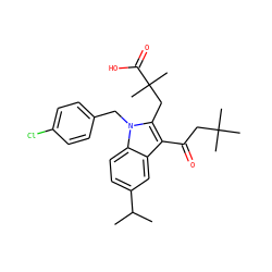 CC(C)c1ccc2c(c1)c(C(=O)CC(C)(C)C)c(CC(C)(C)C(=O)O)n2Cc1ccc(Cl)cc1 ZINC000028332252