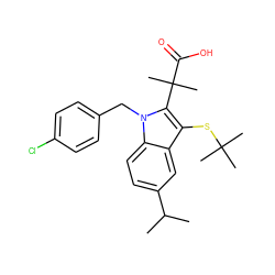 CC(C)c1ccc2c(c1)c(SC(C)(C)C)c(C(C)(C)C(=O)O)n2Cc1ccc(Cl)cc1 ZINC000299863180