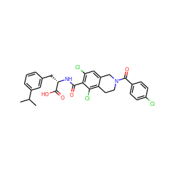 CC(C)c1cccc(C[C@H](NC(=O)c2c(Cl)cc3c(c2Cl)CCN(C(=O)c2ccc(Cl)cc2)C3)C(=O)O)c1 ZINC000084668622