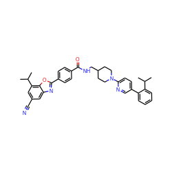 CC(C)c1ccccc1-c1ccc(N2CCC(CNC(=O)c3ccc(-c4nc5cc(C#N)cc(C(C)C)c5o4)cc3)CC2)nc1 ZINC000066136490