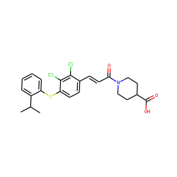 CC(C)c1ccccc1Sc1ccc(/C=C/C(=O)N2CCC(C(=O)O)CC2)c(Cl)c1Cl ZINC000013470560