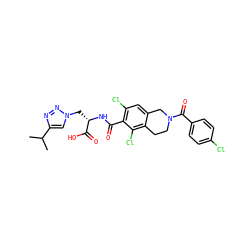 CC(C)c1cn(C[C@H](NC(=O)c2c(Cl)cc3c(c2Cl)CCN(C(=O)c2ccc(Cl)cc2)C3)C(=O)O)nn1 ZINC000066111785