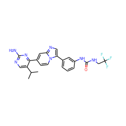 CC(C)c1cnc(N)nc1-c1ccn2c(-c3cccc(NC(=O)NCC(F)(F)F)c3)cnc2c1 ZINC000169704701