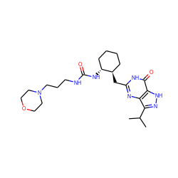 CC(C)c1n[nH]c2c(=O)[nH]c(C[C@@H]3CCCC[C@H]3NC(=O)NCCCN3CCOCC3)nc12 ZINC000040876524