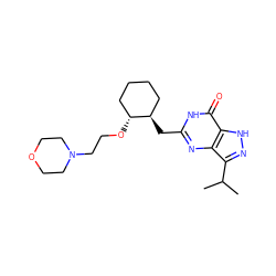 CC(C)c1n[nH]c2c(=O)[nH]c(C[C@@H]3CCCC[C@H]3OCCN3CCOCC3)nc12 ZINC000040395257