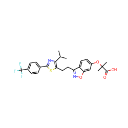 CC(C)c1nc(-c2ccc(C(F)(F)F)cc2)sc1CCc1noc2cc(OC(C)(C)C(=O)O)ccc12 ZINC000071340970