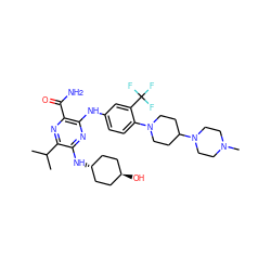 CC(C)c1nc(C(N)=O)c(Nc2ccc(N3CCC(N4CCN(C)CC4)CC3)c(C(F)(F)F)c2)nc1N[C@H]1CC[C@H](O)CC1 ZINC000261180517