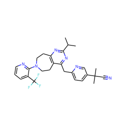 CC(C)c1nc2c(c(Cc3ccc(C(C)(C)C#N)cn3)n1)CCN(c1ncccc1C(F)(F)F)CC2 ZINC000064572974