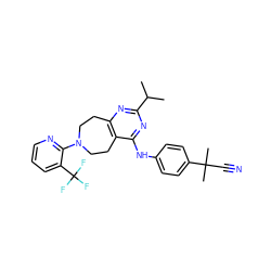 CC(C)c1nc2c(c(Nc3ccc(C(C)(C)C#N)cc3)n1)CCN(c1ncccc1C(F)(F)F)CC2 ZINC000144447243