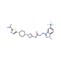 CC(C)c1ncc([C@H]2CC[C@@H](N3CC(NC(=O)CNc4nn(C)c5ccc(C(F)(F)F)cc45)C3)CC2)s1 ZINC000261182791