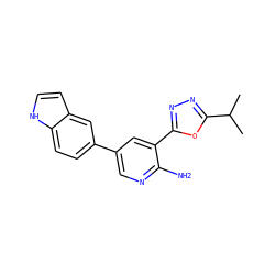 CC(C)c1nnc(-c2cc(-c3ccc4[nH]ccc4c3)cnc2N)o1 ZINC000142790430