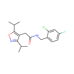 CC(C)c1noc(C(C)C)c1CC(=O)NCc1ccc(F)cc1Cl ZINC000084690073