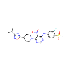 CC(C)c1noc(C2CCN(c3ncnc(Nc4ccc(S(C)(=O)=O)c(F)c4)c3[N+](=O)[O-])CC2)n1 ZINC000040865597